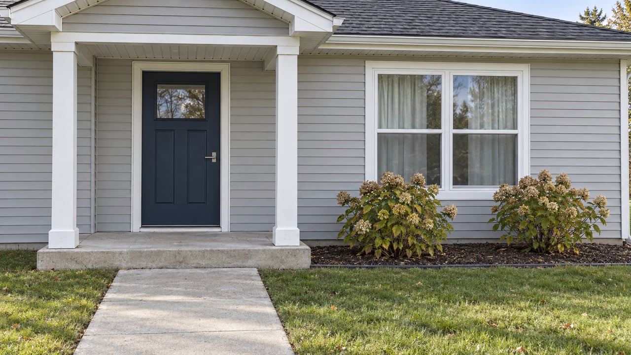 Close exterior view of a light-gray single-story home with a small covered porch, navy entry door, front window, and autumn hydrangeas.