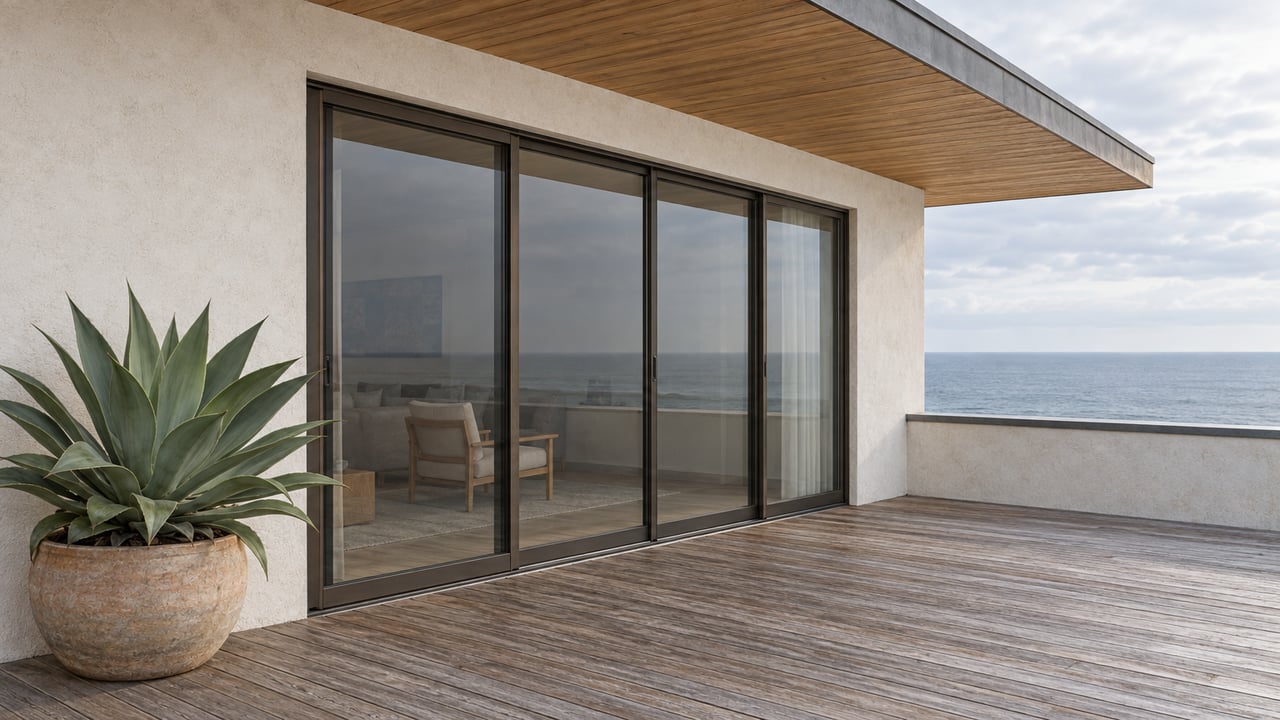 Coastal terrace with a closed bronze-framed glass wall, weathered wood decking, and a potted agave.