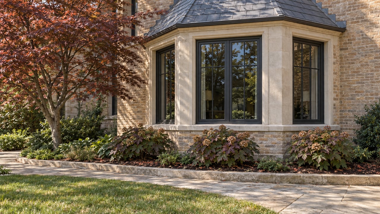 Buff-brick home with a slate-roofed window bay, limestone detailing, copper-red Japanese maple and a curved stone garden approach.