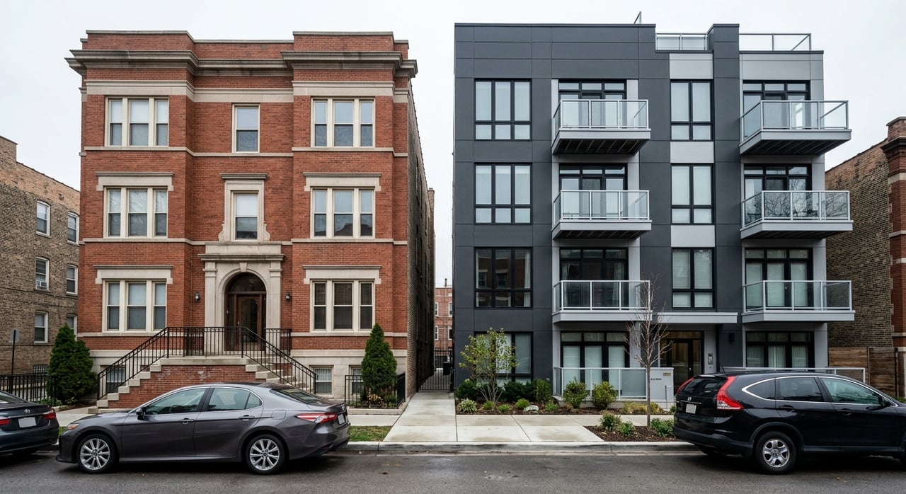 Red-brown brick vintage condo facade beside a charcoal-panel modern building with glass balconies.