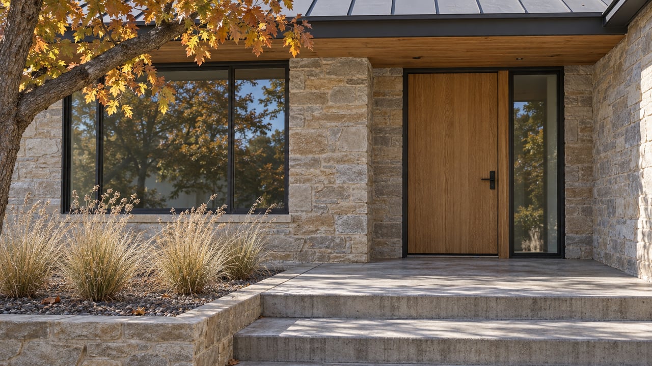 Oak front door and charcoal-framed window beneath a timber overhang, with sandstone walls, worn concrete steps, and golden oak leaves.