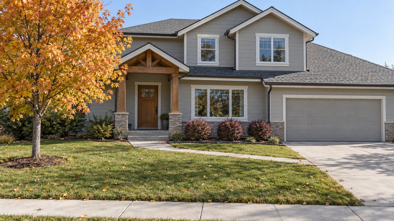 Two-story gabled house with gray siding, an oak entry door, a deep front lawn, and an orange-leaved maple in autumn sunlight.