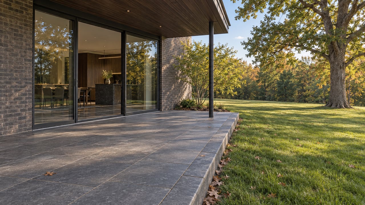 Stone terrace beside a brick house with glass sliding doors, opening onto a lawn and mature oak.