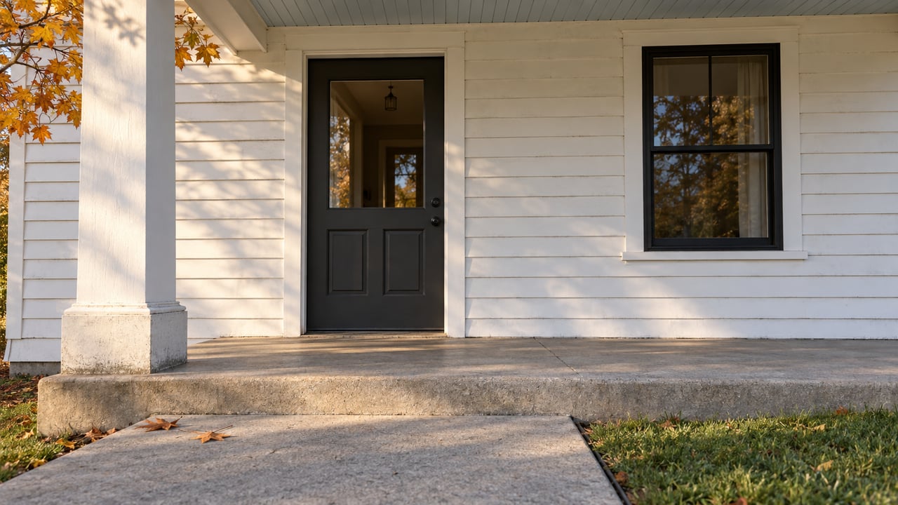 White clapboard home entry with a charcoal glazed door, black-framed window, and gently weathered concrete porch in autumn afternoon light.