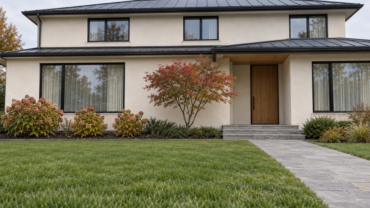 Modern two-story home with pale stucco, black-framed windows, an oak entrance and a deep autumn lawn.