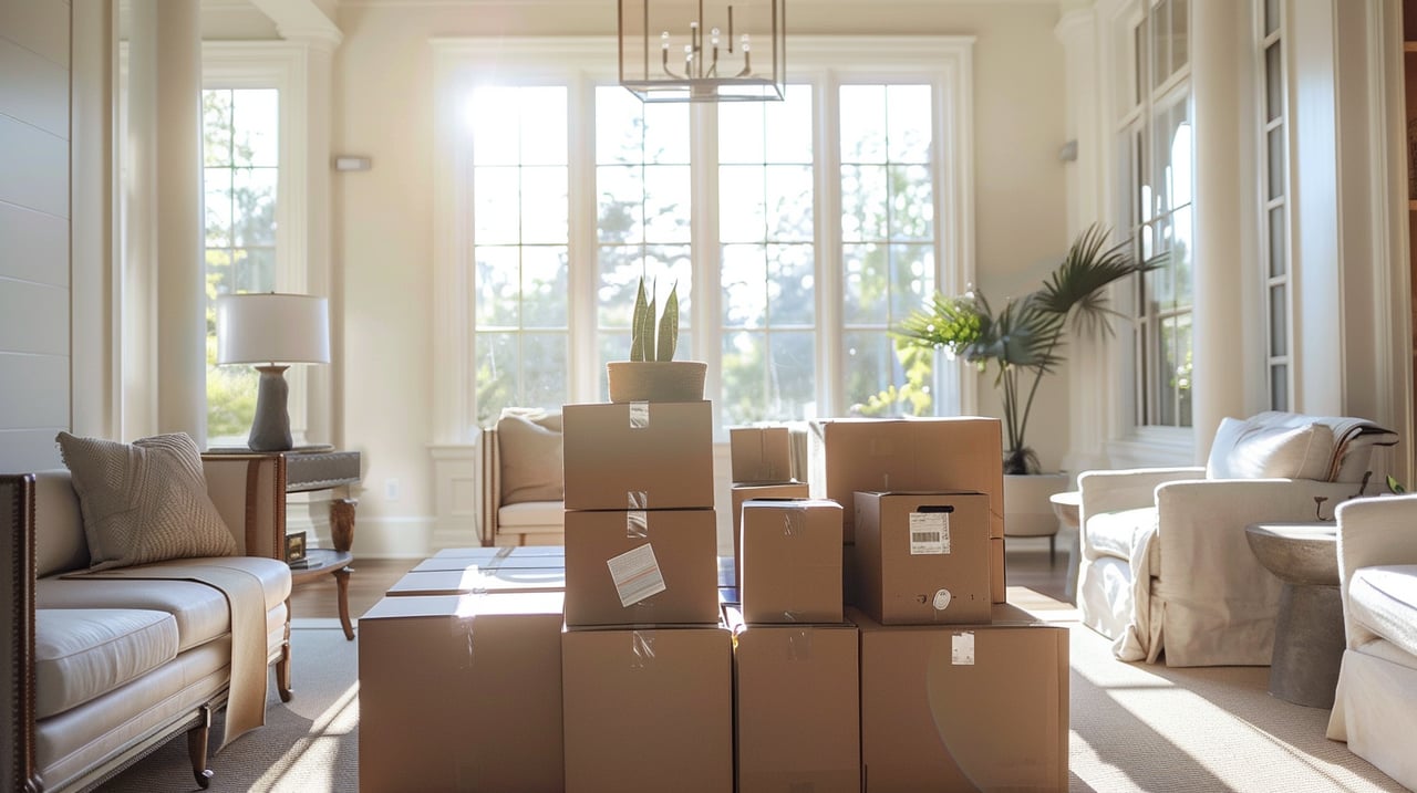 Bright living room with stacked moving boxes, light sofas, and large sunlit windows.