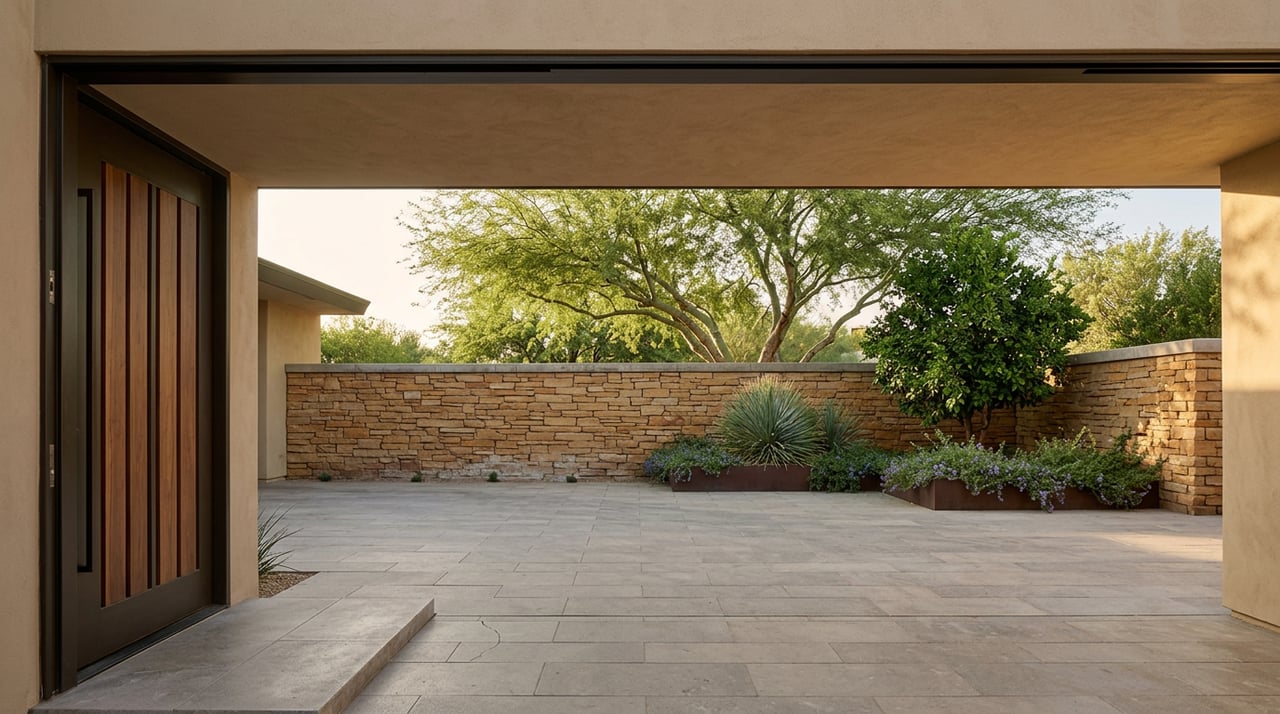 Paved motor court beneath a shaded entry overhang, facing an ochre stone wall and arching palo verde canopy.