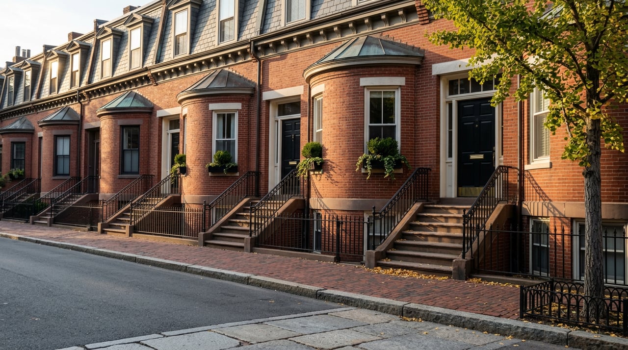 Attached red-brick bowfront townhomes with iron stoop rails, copper bay roofs, and a yellowing ginkgo tree.