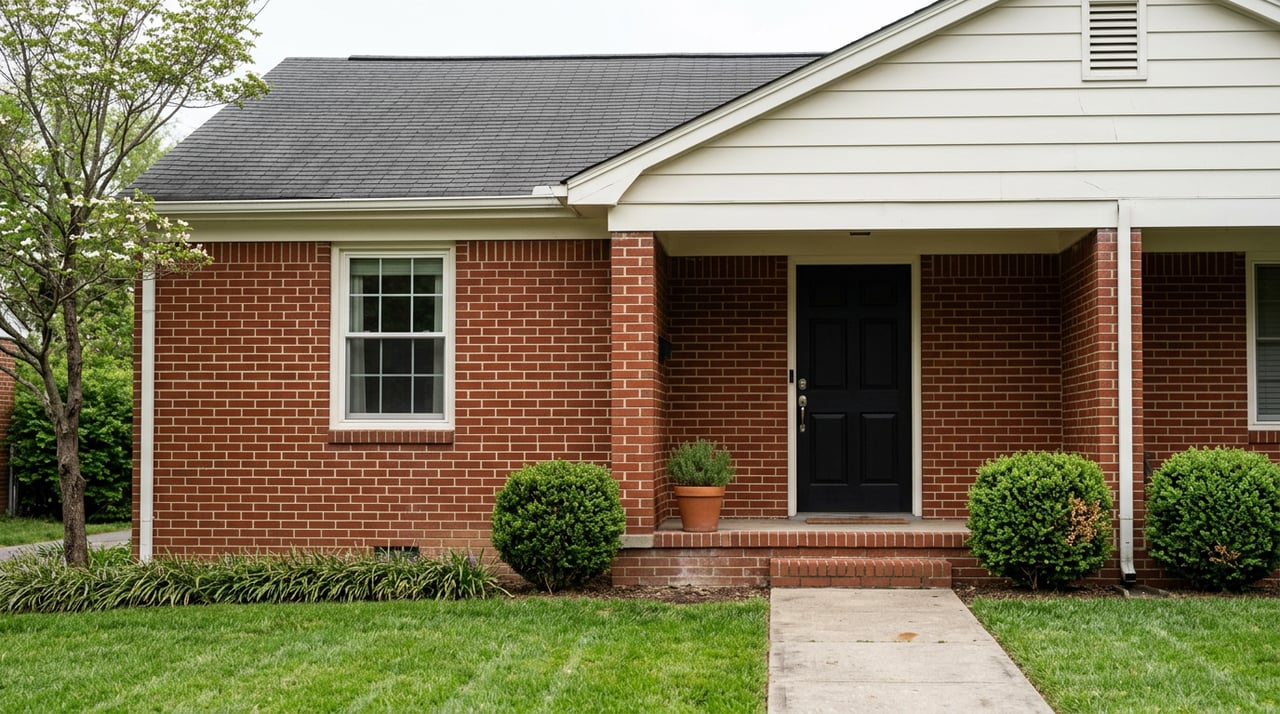 Red brick and white-sided duplex with a black front door, brick stoop, clipped shrubs, and a potted rosemary plant.
