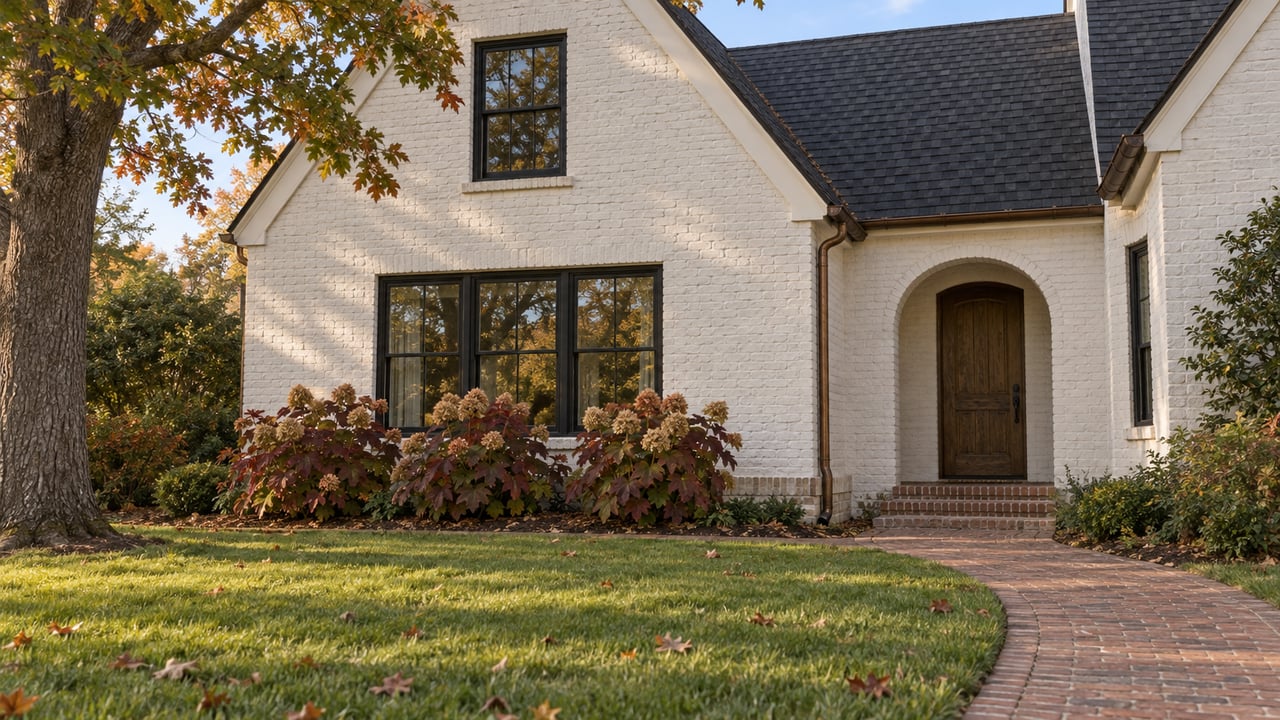 White-painted brick home with a steep gable, arched oak doorway, brick walk, and an autumn lawn beneath a mature oak.