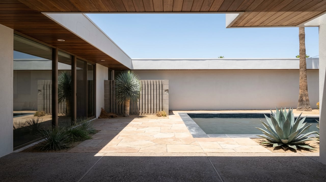 Mid-century home’s shaded roof overhang frames a courtyard with a pool, blue agave, yucca, and concrete breeze wall.