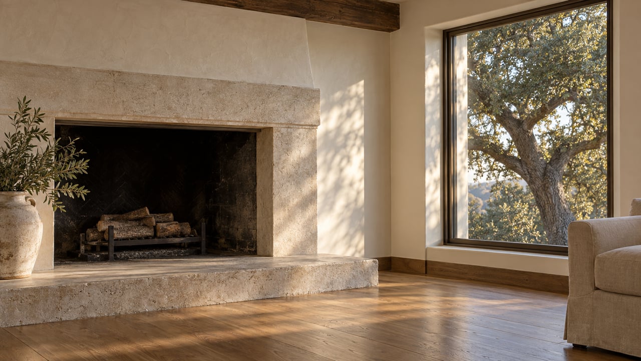 Plaster fireplace beside a tall bronze-framed window, with an oak tree visible outside.