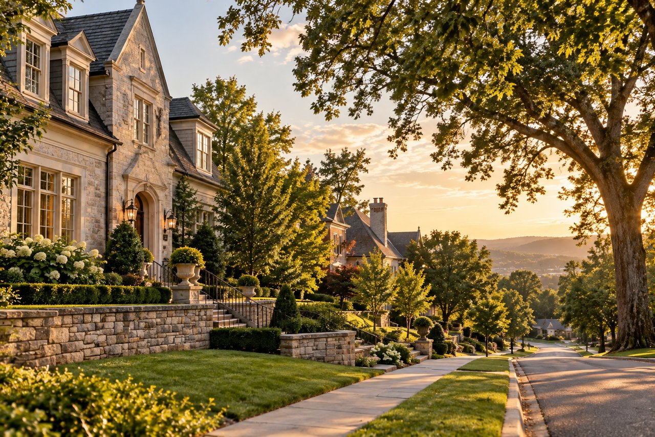 Elegant historic-style estate home in a tree-lined West Knoxville neighborhood, featuring classic stone architecture, mature trees, manicured landscaping, and spacious residential surroundings inspired by Westmoreland, Tennessee.