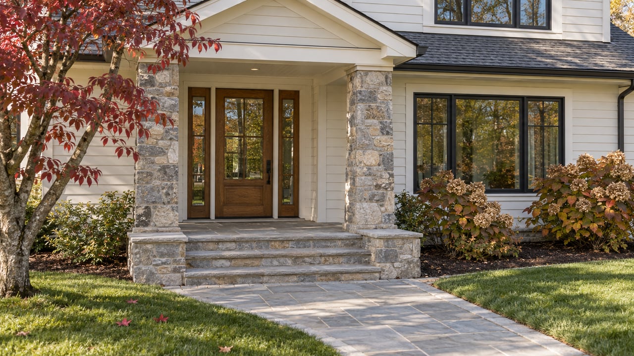 Stone steps lead to a covered entry with paired stone columns, warm-white siding and autumn foliage.