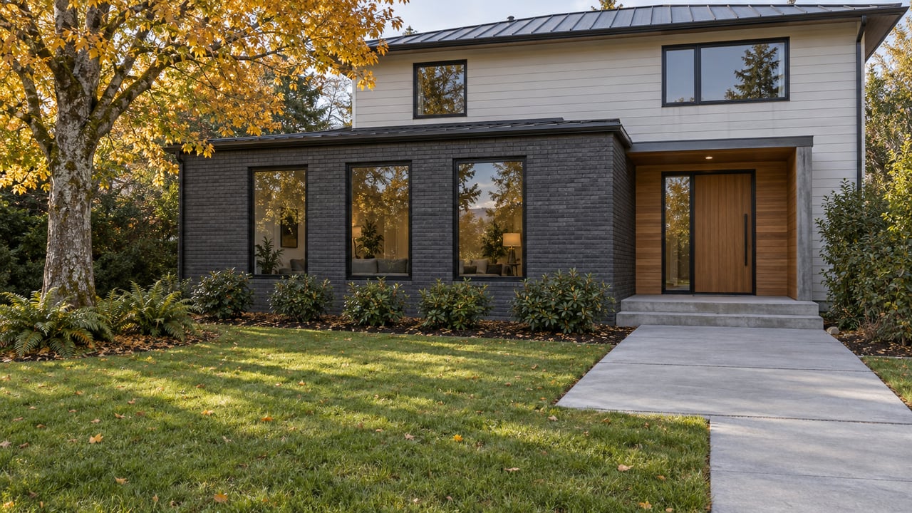 Light-sided contemporary home with charcoal brick, black-framed windows, cedar entry and a deep autumn lawn beneath a golden maple.