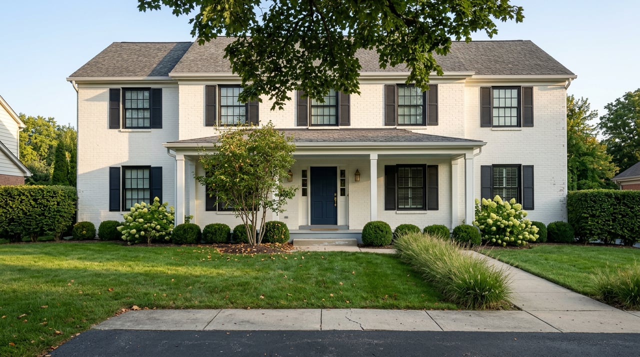 Two-story white brick home with navy door, covered porch, broad lawn, maple, and flowering shrubs.