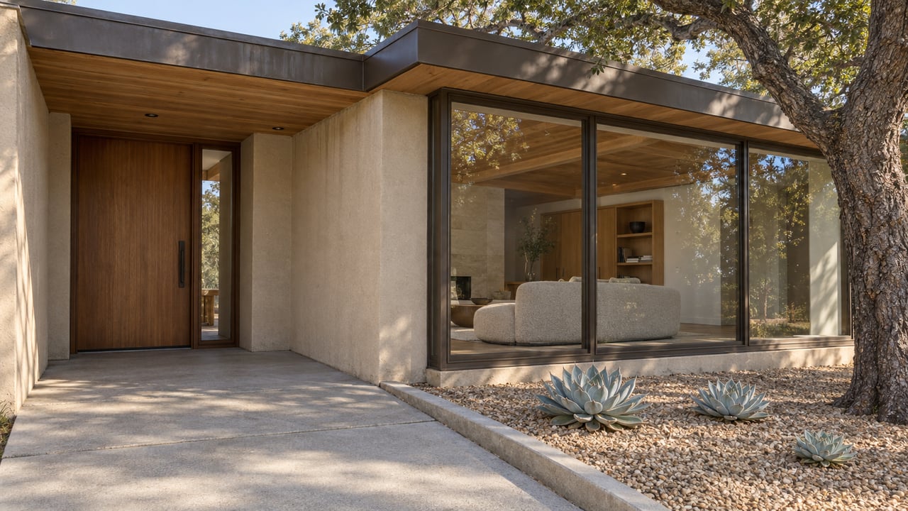 Low-roof modern home with timber entry, bronze-framed glazing, a concrete approach and sculptural succulent planting beneath a mature oak.
