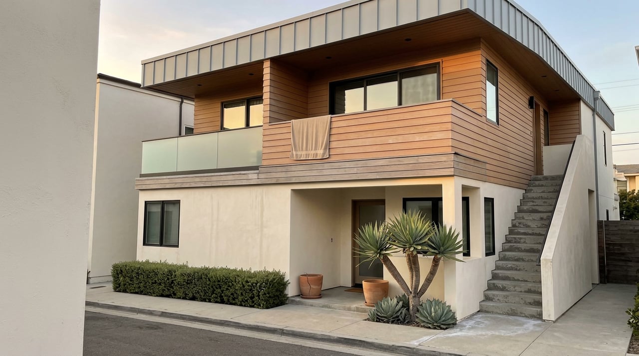 Coastal two-unit residence with white stucco, cedar-tone siding, an upper deck, and open-riser side stairs.