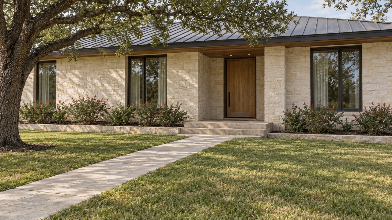 A single-story limestone home behind a deep lawn, with a mature spreading oak, bronze-framed windows and a recessed wood entry.
