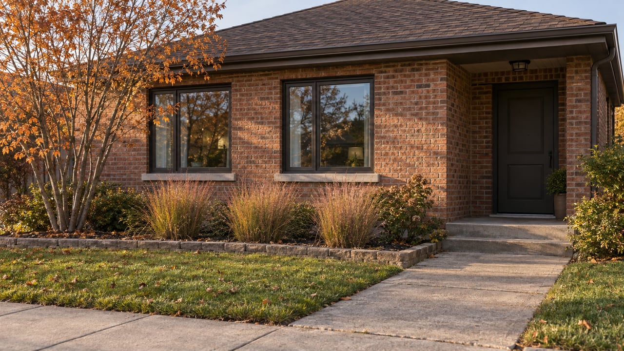 Weathered red-brick house with two dark-framed windows, recessed door, and autumn garden beside the sidewalk.