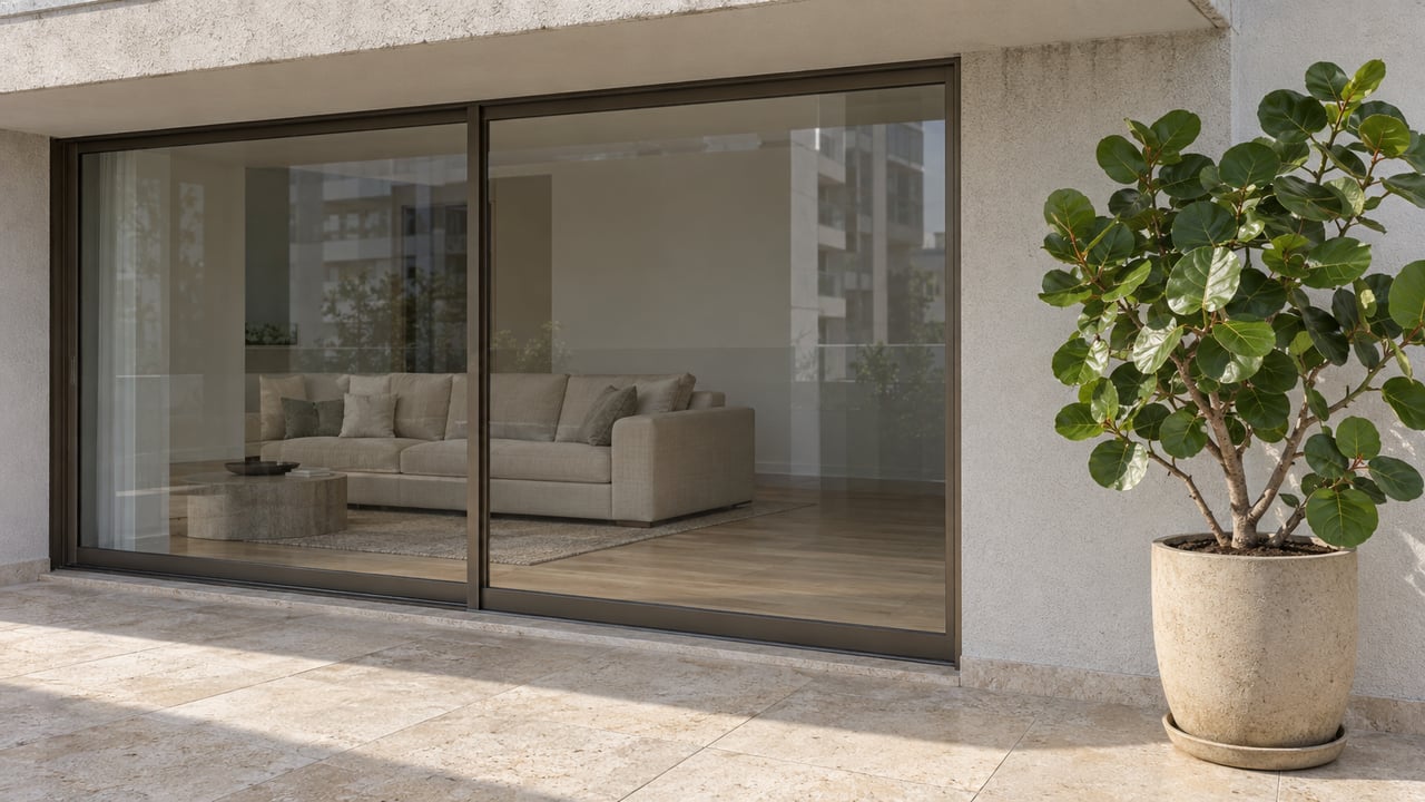 Close view of a pale stucco condo terrace with bronze-framed sliding glass, ivory limestone paving and one sea-grape tree in a ceramic planter.