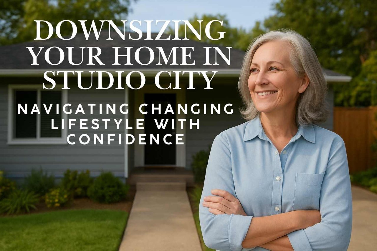 Image of female, middle aged in foreground in front of California Bungalow style single story home with text Downsizing Your Home in Studio City - Navigating Changing Lifestyle with Confidence 