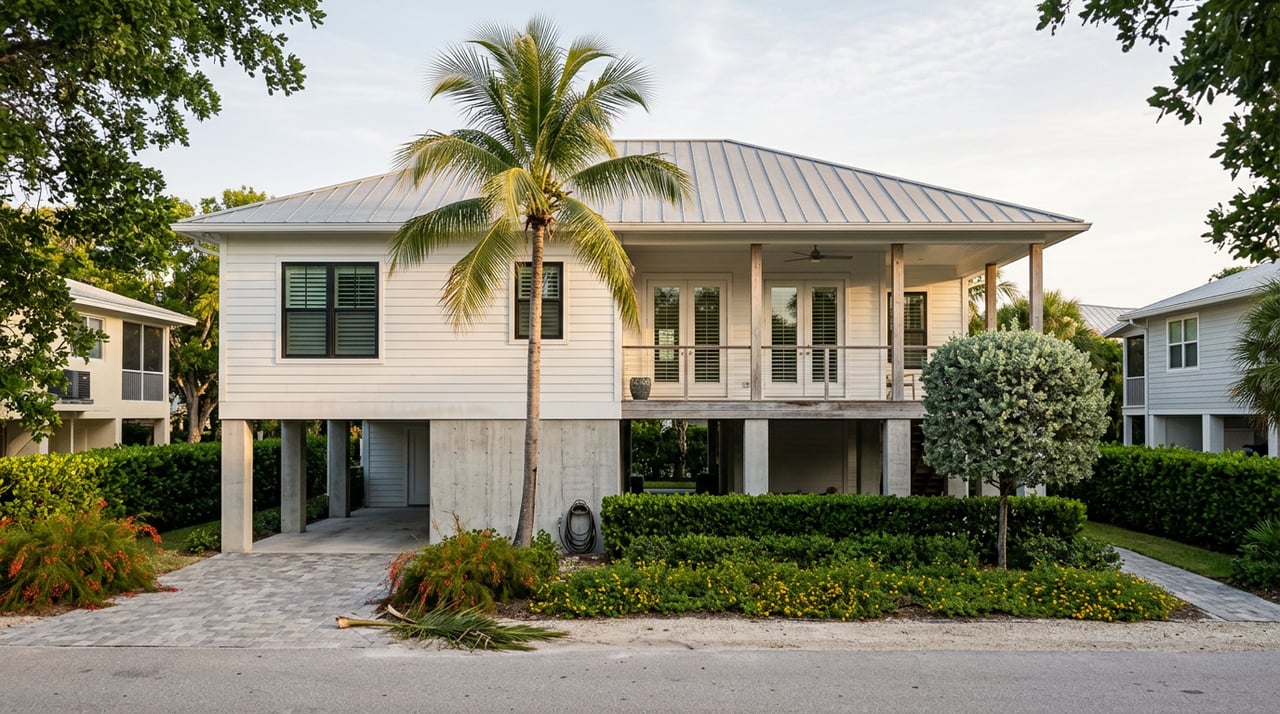 White elevated coastal home on concrete piers, with a coconut palm, covered porch, and clipped garden beds.
