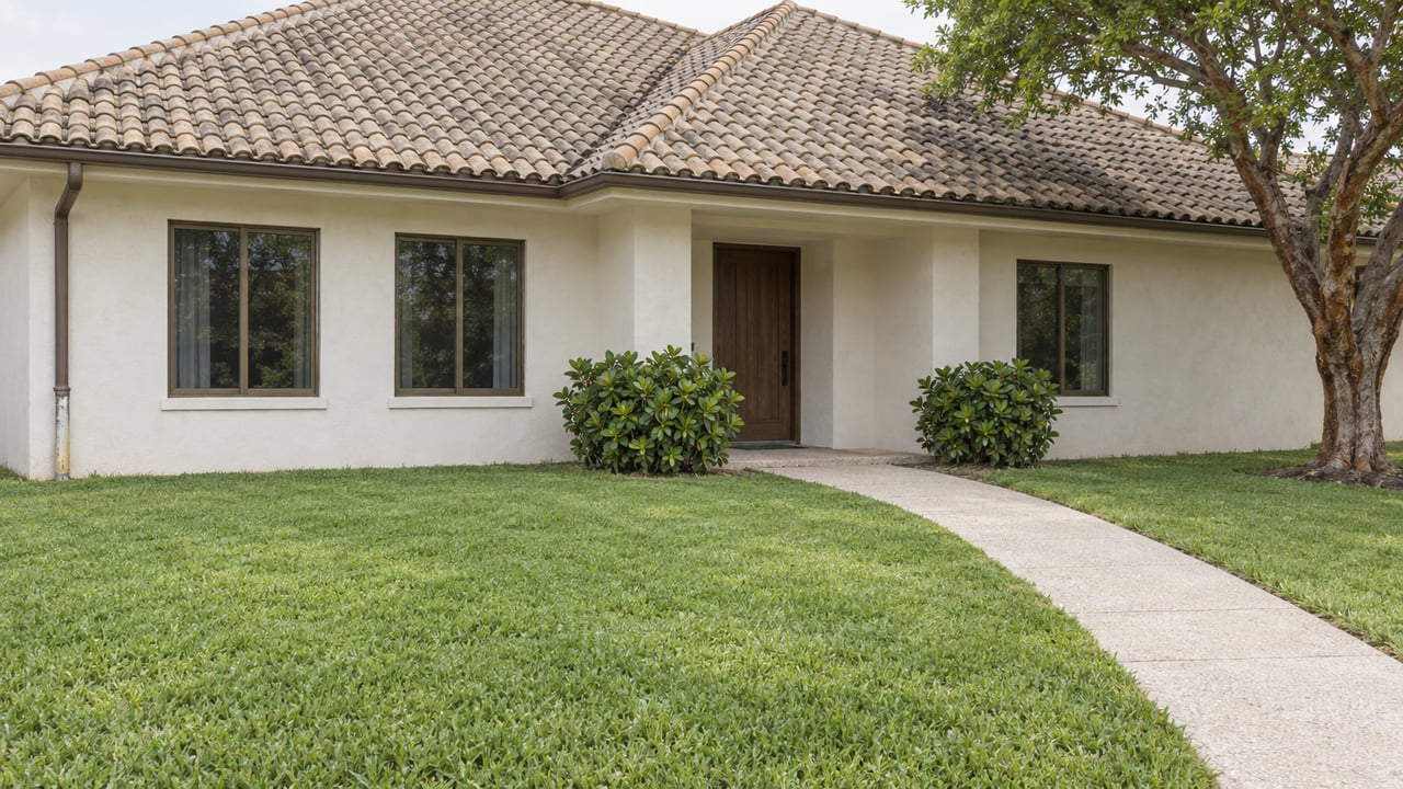 Cream stucco home with a sand-colored barrel-tile hip roof, curved concrete walk, and mature tree.