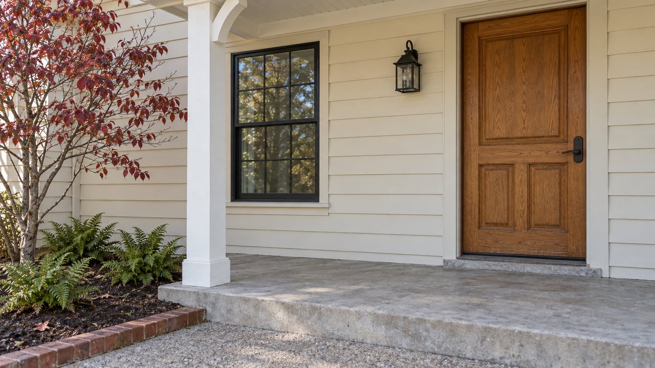 Cream-sided home entry with an oak door, black divided-light window, concrete porch, and burgundy dogwood leaves.