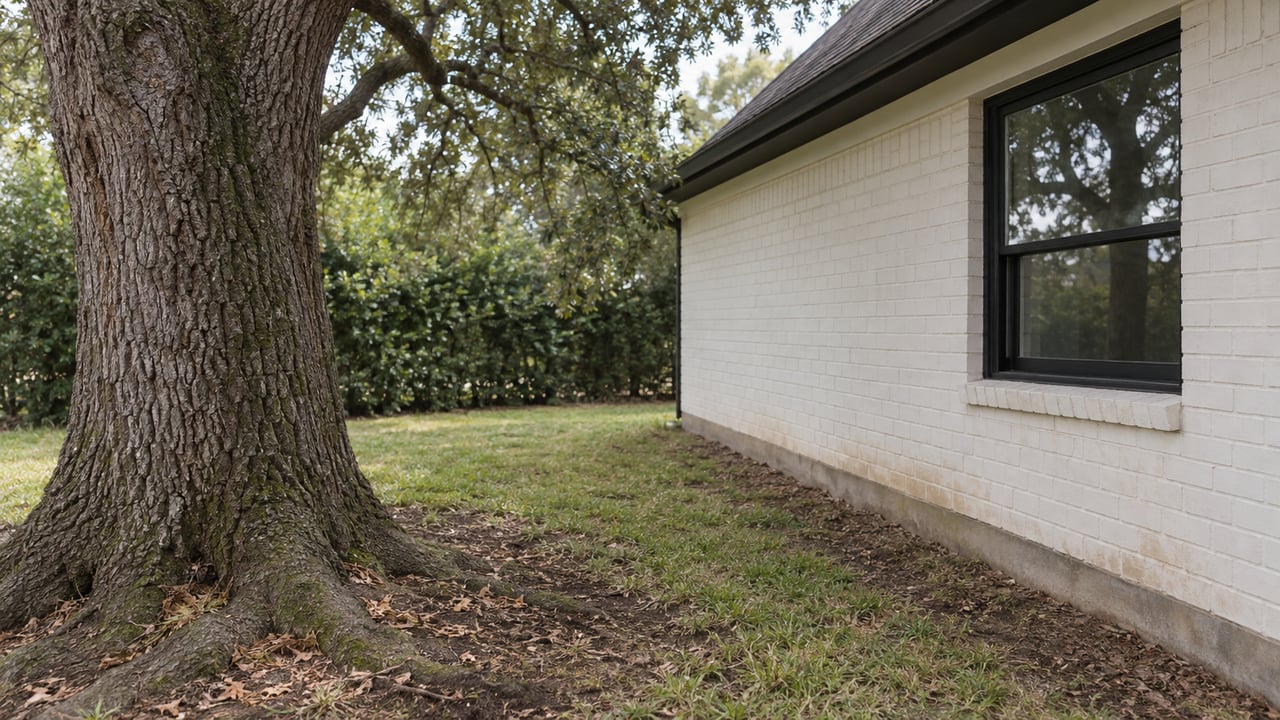 Live oak trunk beside a painted-brick house, with a grassy side-yard gap and black-framed window.