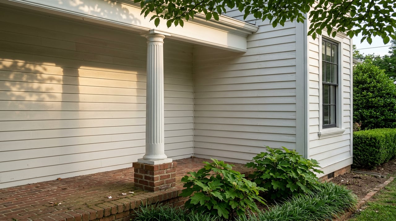 White clapboard porch corner with a fluted column, red brick floor, black-trimmed window, and overhanging dogwood leaves.