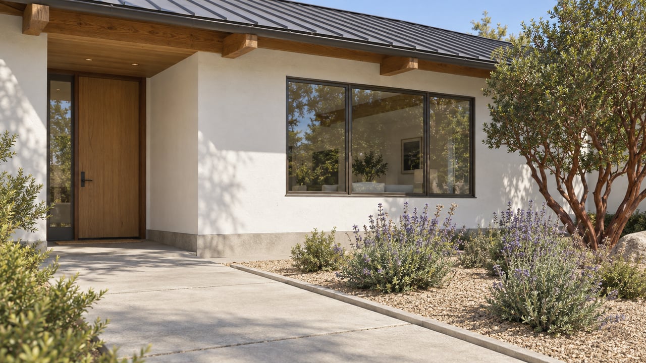 Warm-modern single-story home with exposed timber eaves, a recessed oak entry, broad windows and sculptural manzanita beside a concrete approach.