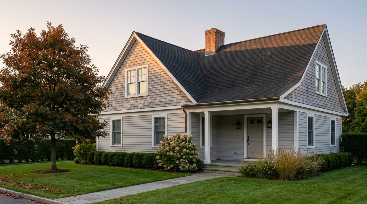 Gray cedar-shake home with white-columned porch, bluestone walkway, broad lawn, and russet-edged oak tree.
