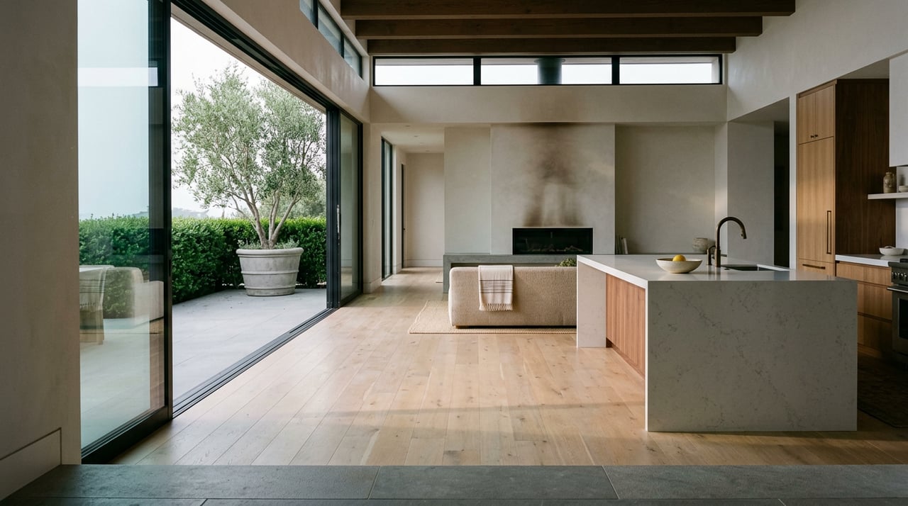 Great room with waterfall island, linen sofa, open glass wall, and olive tree beyond.