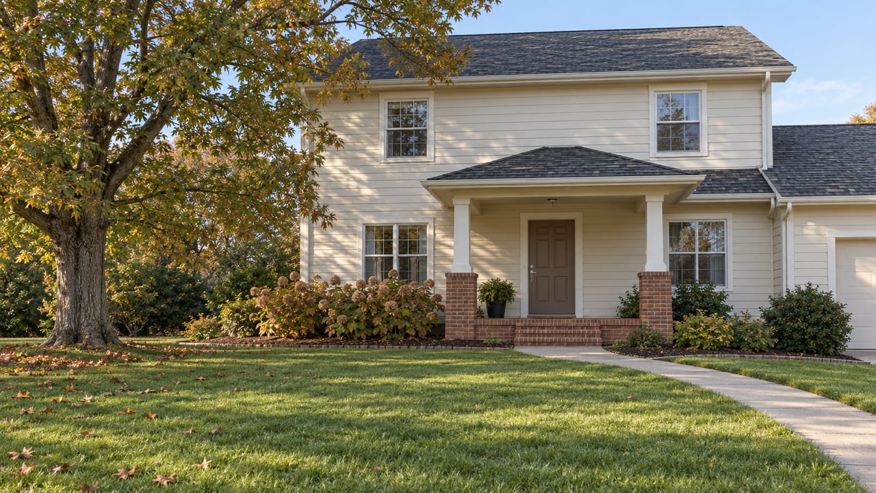 Two-story ivory-sided home with a brick front porch, deep lawn and mature oak in early autumn light.