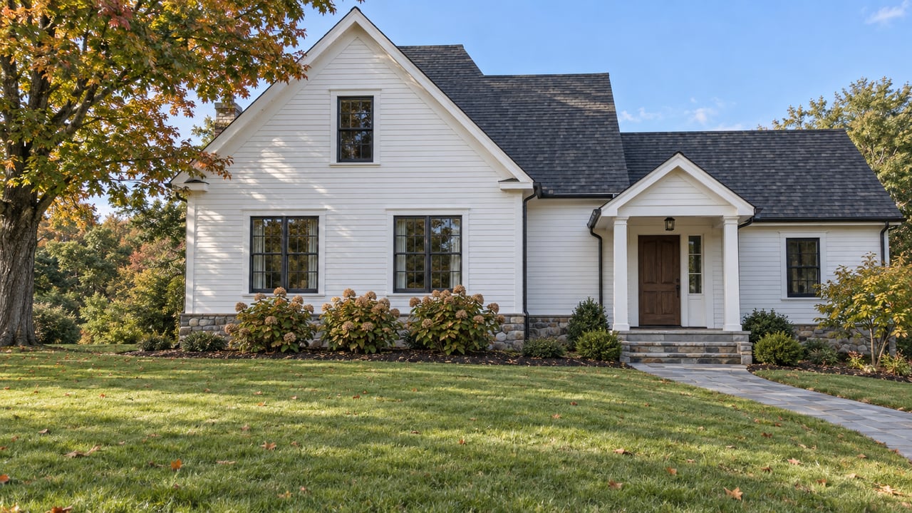 White clapboard gabled home beyond a deep lawn, with a bluestone entry and an early-autumn sugar maple.