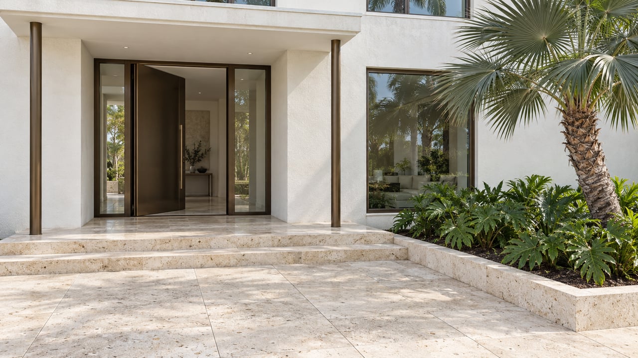 White stucco home entrance with bronze-framed glass, fossil limestone steps and a silver thatch palm in a raised planting bed.