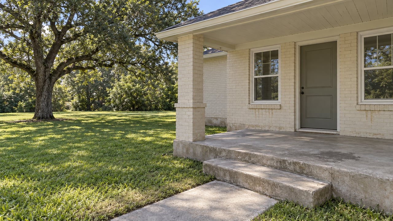 Cream-painted brick home with a shaded porch, gray-green front door, concrete steps, and a broad lawn beneath a mature live oak.