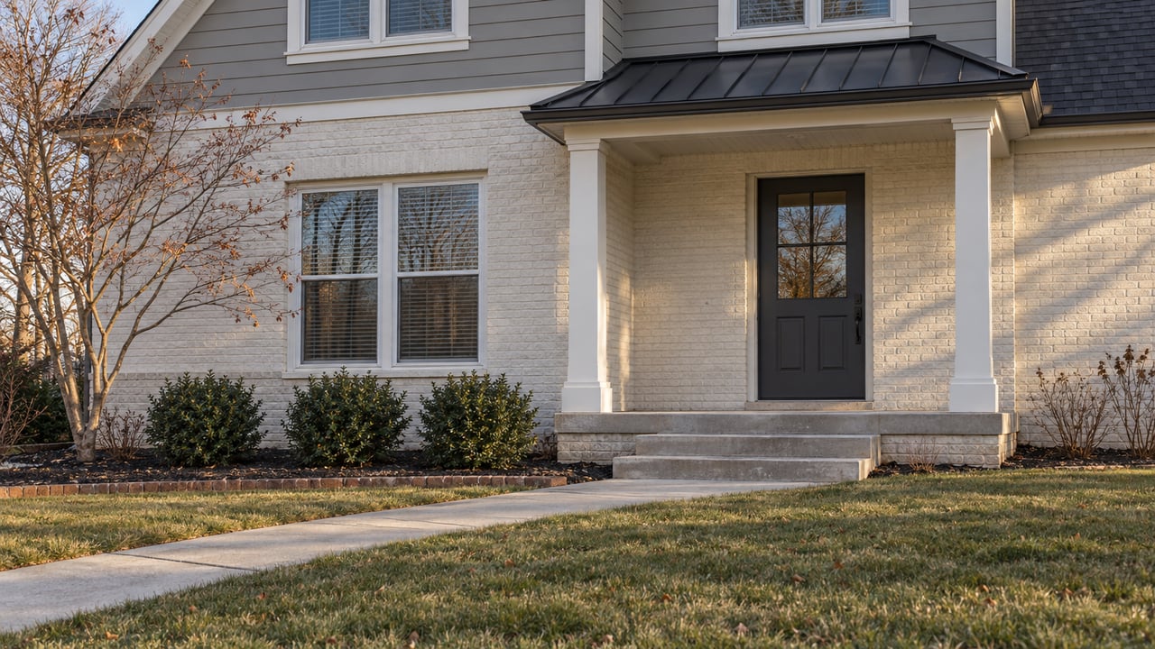 Winter sunlight across a light-brick and gray-sided home with a raised porch, paired windows and a bare Japanese maple.