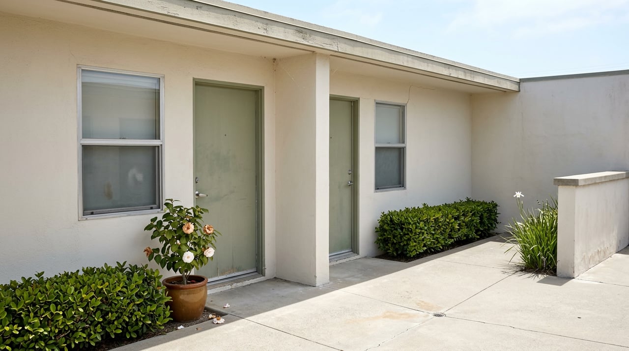 Two sage-green entry doors face a shared walkway, with clipped hedges and a potted camellia.