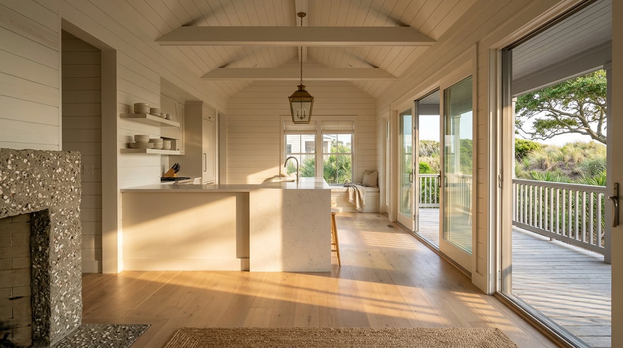 Open coastal kitchen with a gray-green island, vaulted plank ceiling, glass doors, and a live oak beyond the porch.
