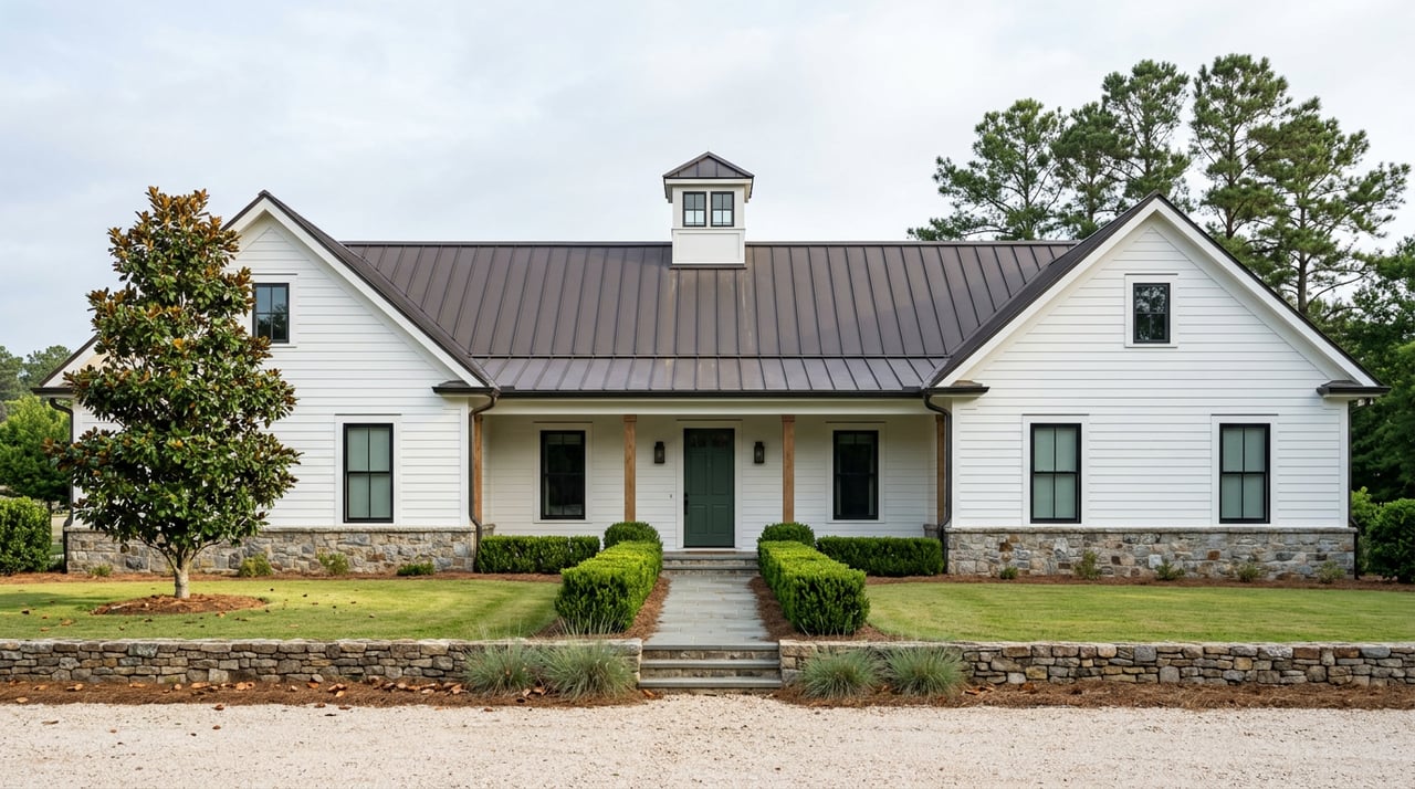 White gabled home with a central cupola, green door, gravel drive, fieldstone wall, and pine trees.