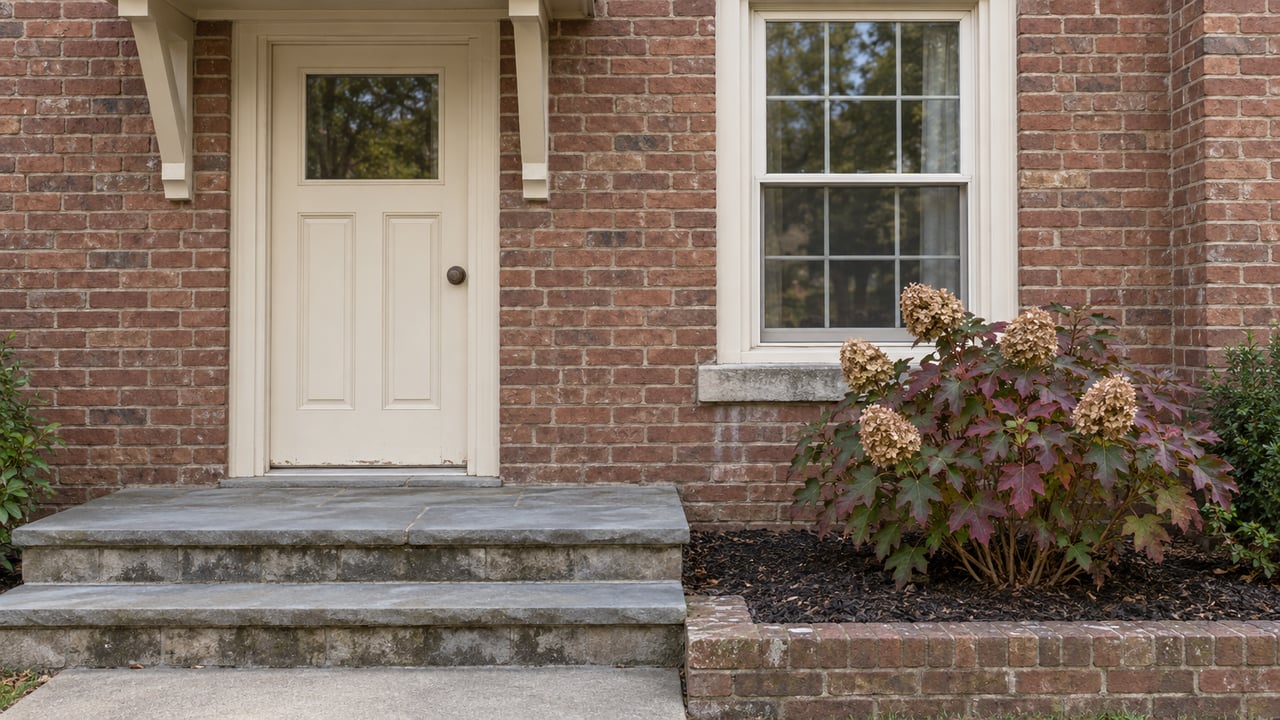 Brick home entry with a cream door, stone steps, a sash window and an oakleaf hydrangea turning burgundy.