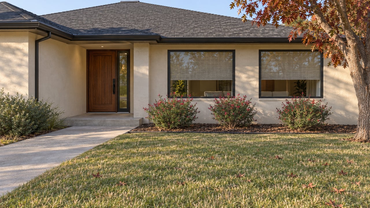 Single-story ivory stucco home with a charcoal hip roof, black-framed windows, deep front lawn and an oak beside the entry.