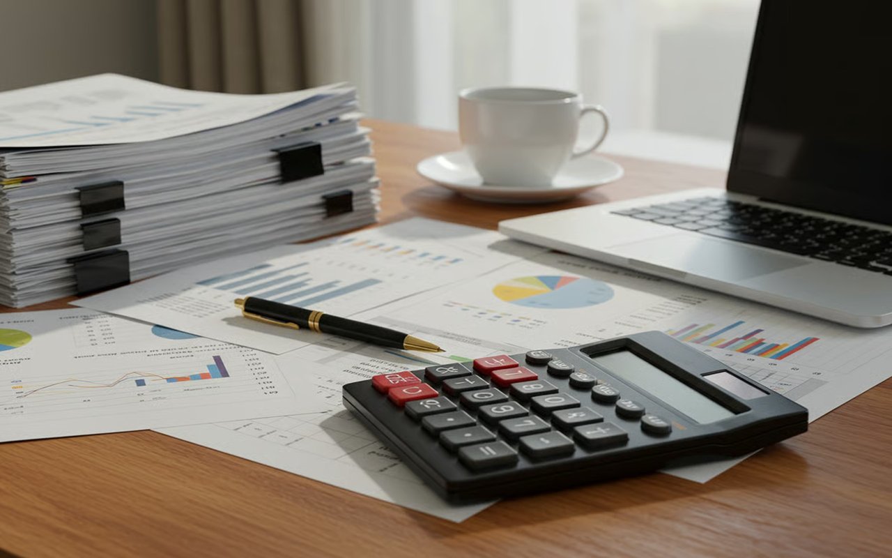 Tax paperwork and charts spread across a desk beside a calculator, pen, coffee, and laptop.