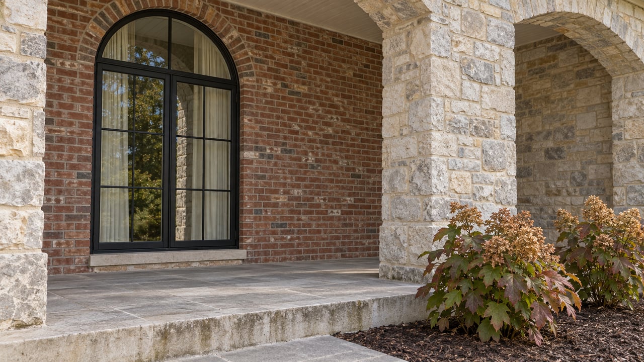 Arched black-framed window beside a limestone porch pier, with worn stone paving and autumn oakleaf hydrangeas below.