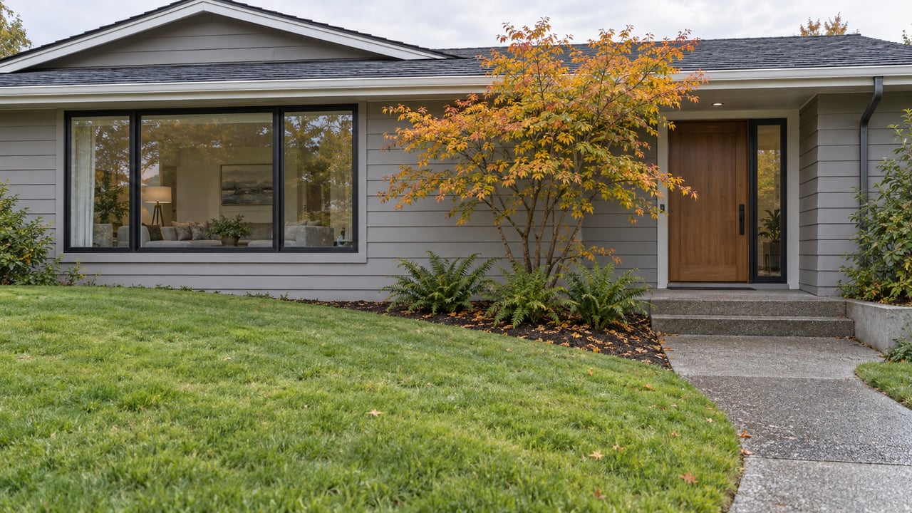 Updated gray single-story home with black-framed windows, a sheltered wood entry, broad lawn, and a yellow-orange vine maple.