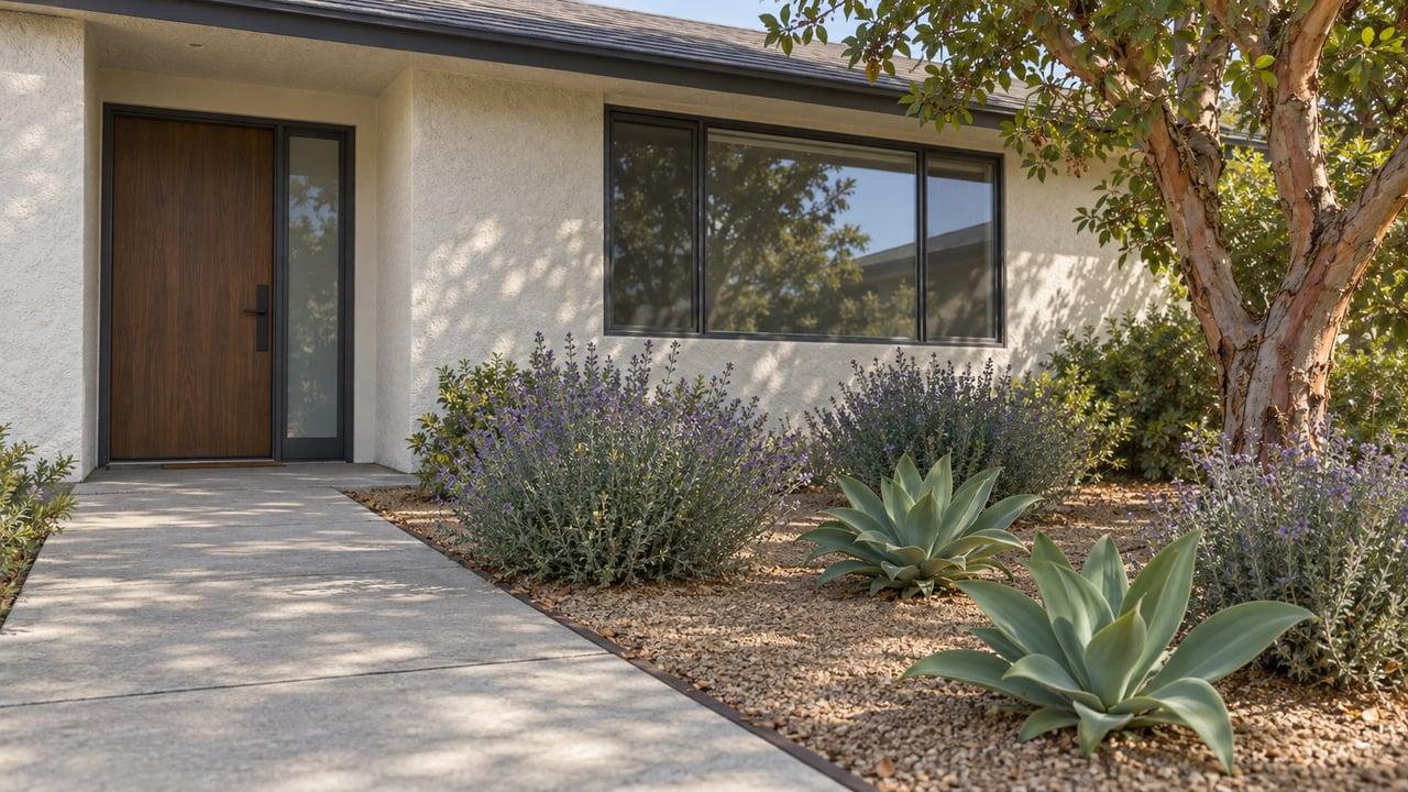 Recessed wood entry beside a slim sidelight, with a concrete walk and drought-tolerant plants.
