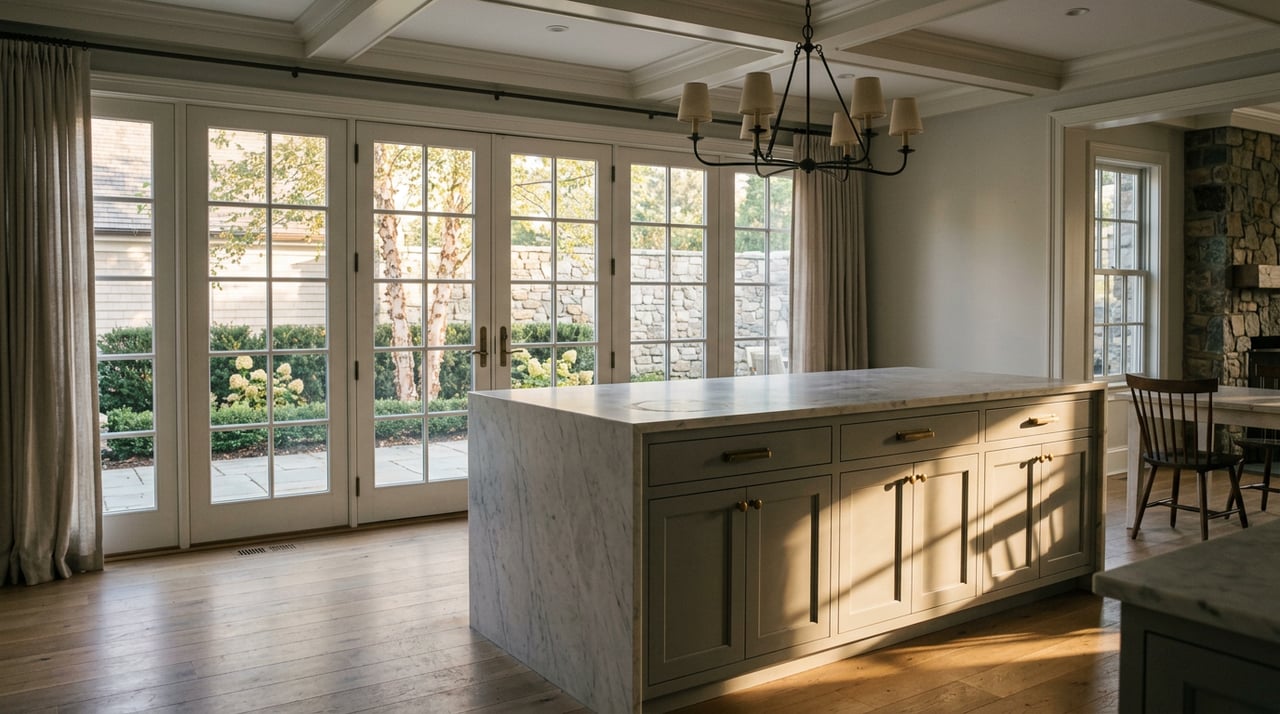 Sunlit great room with a marble island, French doors, and a river birch visible outside.