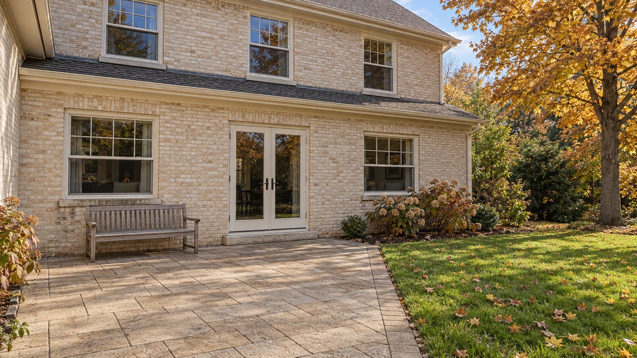 Light-brick two-story home beside a buff paved terrace, teak bench and amber-leaved maple.